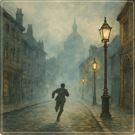 KI-generiertes Bild im Aquarell-Stil. Man sieht eine Kopfsteinpflaster-Straße mit Gaslaternen und alten Häusern. Ein Man rennt die Straße entlang.