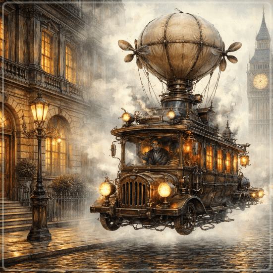 KI-generiertes Bild einer viktoranischen Straße. Ein Dampfbetriebener Zeppelin-Bus fliegt die Straße entlang.