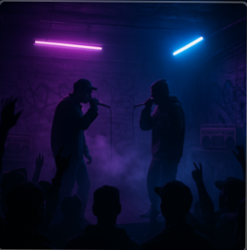 KI-generiertes Bild einer Bühne in einem Club. Zwei Rapper stehen sich gegenüber, einer in lila Neonlicht, der andere in blauem Neonlicht.