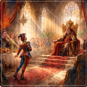 KI-generiertes Bild im Stil eines Gemäldes. Man sieht einen Barocken Königssaal. Ein bärtiger König sitzt auf einem goldenen Thron. Vor ihm steht ein Hofnarr in blau-roter Kleidung.