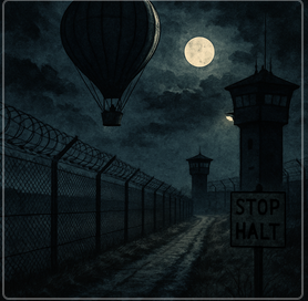 KI-generiertes Bild. Man sieht einen Grenzstreifen bei Nacht. Der Vollmond erleutet Zäune, Grenzwachtürme und ein Schild auf dem "Stop Halt" steht. Über den Zäunen fliegt ein Heißluftballon.