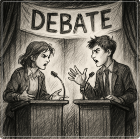 KI-generiertes Bild im Stil einer Zeichung. Zwei Menschen stehen an Rednerpulten und schreien sich gegenseitig an. Über ihnen hängt ein Banner mit dem Titel "Debate".