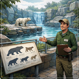 KI-generiertes Bild im Comic-Stil. Das Bild zeigt einen Tierpfleger, der vor einem Eisbärgehege steht.