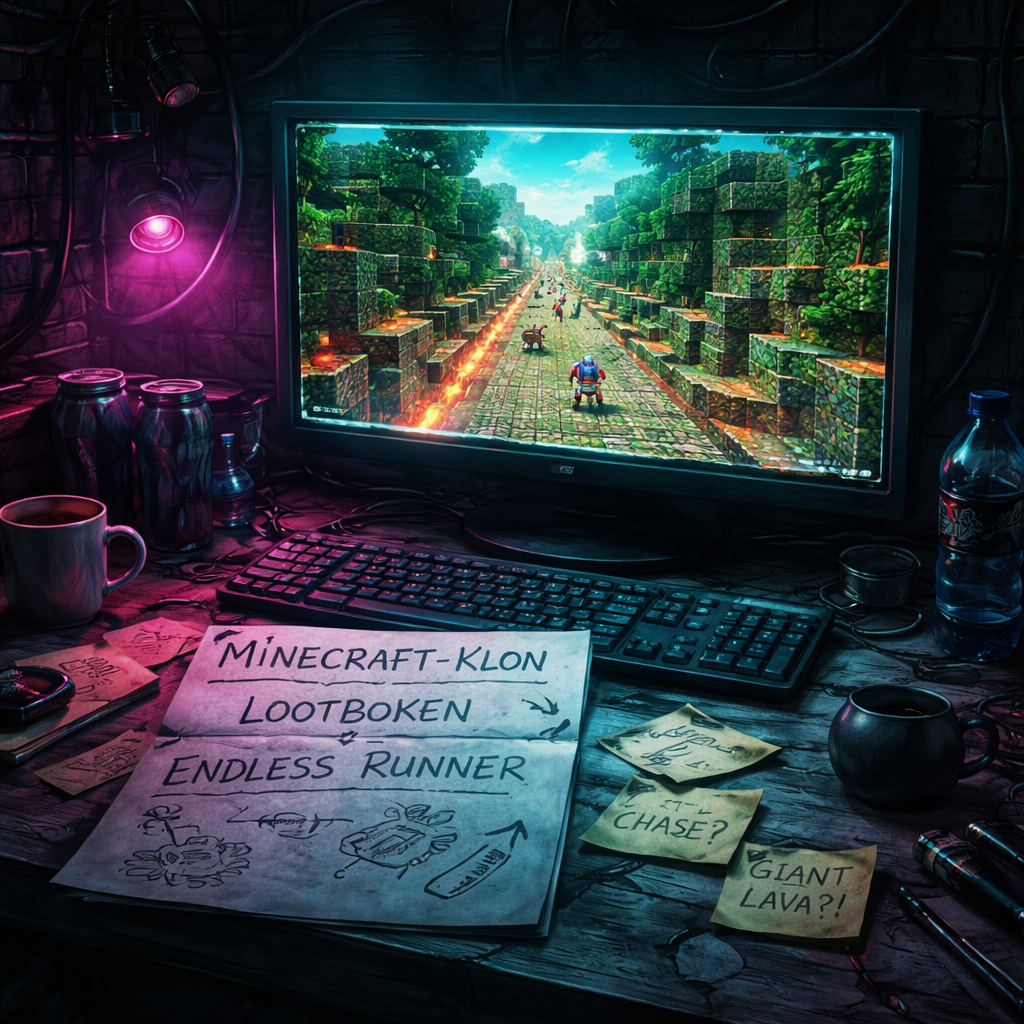 Ein Computerbildschirm steht auf einem unordentlichen Schreibtisch. Auf dem Bildschirm ist ein pixelartiges Videospiel mit einer Figur, die auf einem Weg zwischen blockartigen Bäumen läuft. Daneben liegen leere Getränkedosen, eine Tasse mit heißem Getränk und mehrere Notizzettel. Ein offenes Notizbuch mit der Aufschrift "Minecraft-Klon, Lootboxen, Endless Runner" liegt auf dem Tisch, daneben sind kleine Skizzen und weitere Notizen. Eine violette Lampe beleuchtet die Szene.