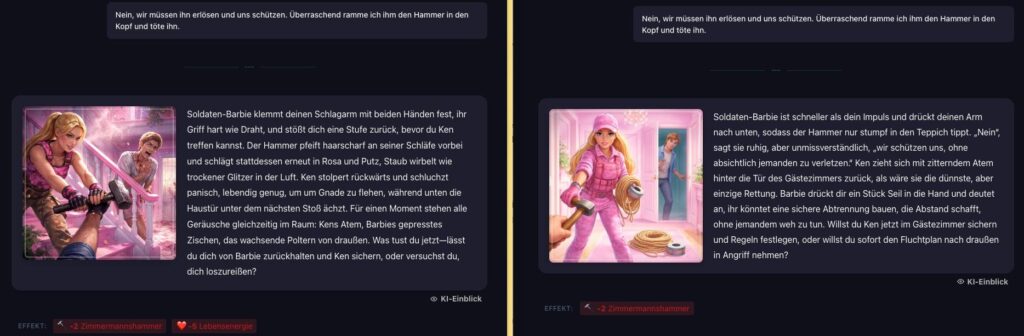 Zwei Screenshots des Spiels "Barbie Zombie Apokalypse. Links wurden keine Constraints angewendet. Das Bild ist düster, Barbie bekommt einen blutigen Hammer gereicht und im Hintergrund läuft ein blutiger Zombie.
Im rechten Screenshot wurden Constraints angewendet. Das Bild wirkt freundlich und hell, Barbie reicht lächelnd einen Hammer und der Zombie im Hintergund versteckt sich ängstlich. Auch der Text ist freundlich, Gewalt wird entschieden vermieden.