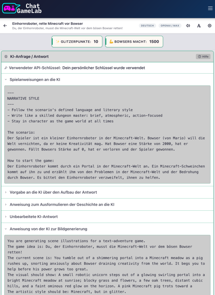 Screenshot eines Ausschnitts des Spiels "Einhornroboter, rette Minecraft vor Bowser!".