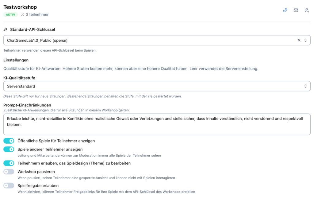 Screenshot des Workshop-Fensters mit Einstellungen für Workshopleitungen