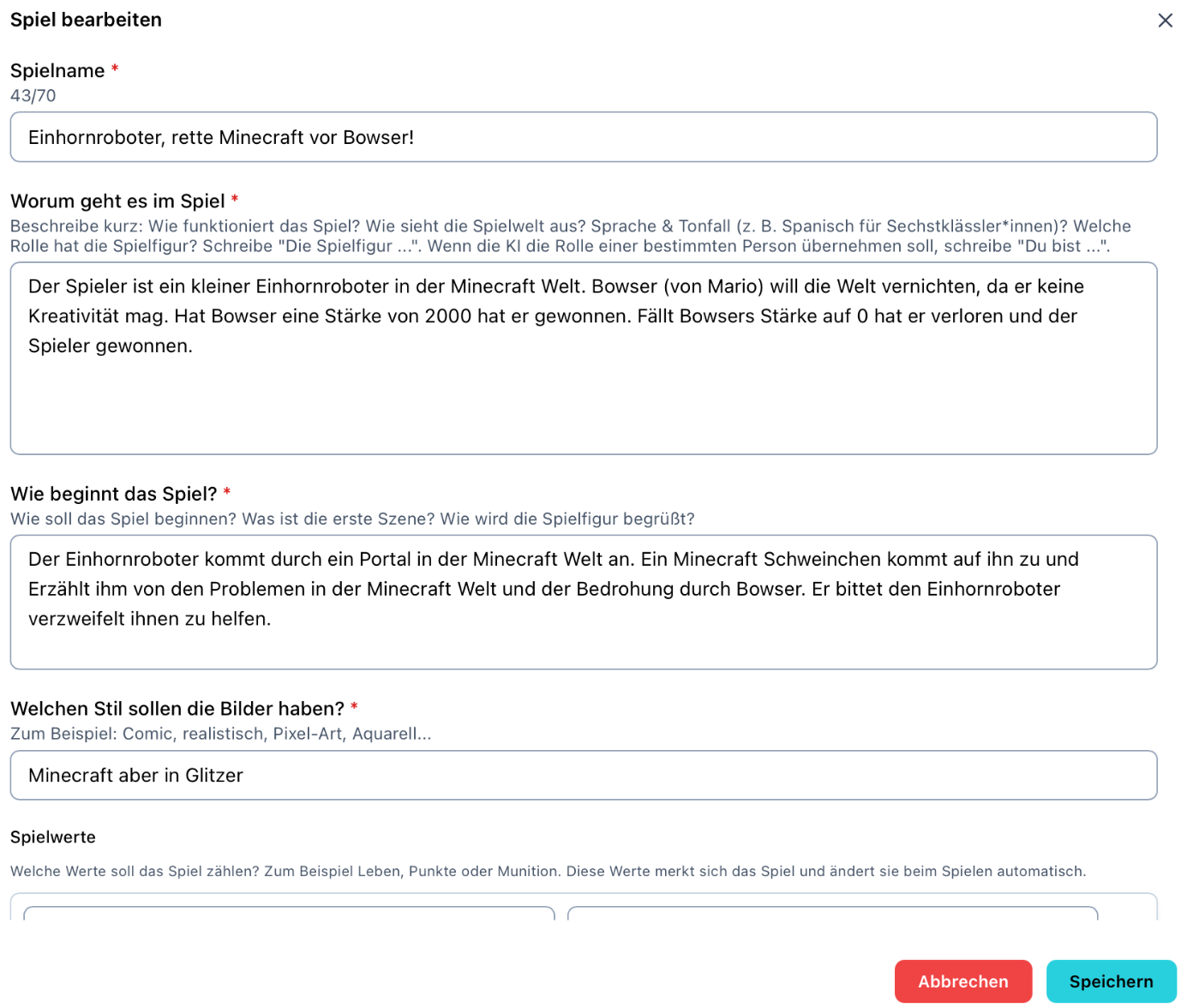 Screenshot der Maske für die Spielerstellung des Spiels “Einhornroboter, rette Minecraft vor Bowser!” 
