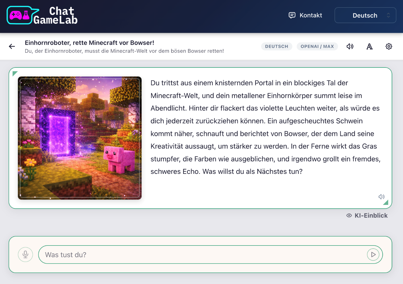 Screenshot des Spiels “Einhornroboter, rette Minecraft vor Bowser!”. Die Grafik links zeigt ein glitzerndes Portal inmitten der kantigen Minecraft-Welt. Rechts daneben steht der Anfangstext des Spiels. Der Screenshot verdeutlicht die kreative Verschmelzung mehrerer bekannter Spiele.
